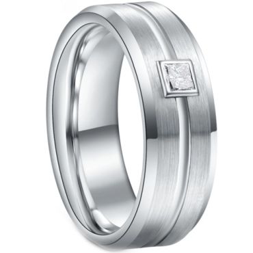 **COI Tungsten Carbide Center Groove Beveled Edges Ring With 0.30ct Genuine Diamond-7830DD