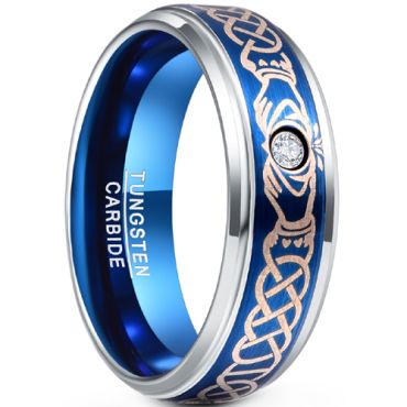 **COI Tungsten Carbide Blue Silver Mo Anam Cara Celtic Beveled Edges Ring-7863DD