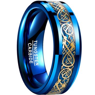 **COI Blue Tungsten Gold Tone Dragon Beveled Edges Ring-7918DD