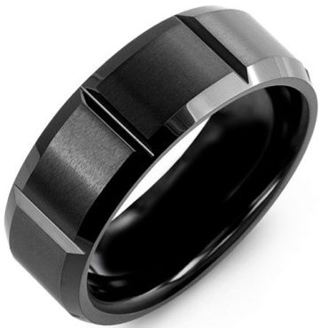 **COI Black Tungsten Carbide Vertical Grooves Beveled Edges Ring-7946BB