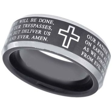 **COI Tungsten Carbide Black Silver Cross Prayer Beveled Edges Ring-7968BB
