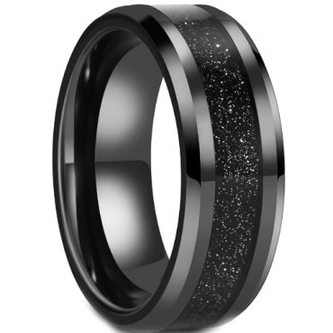 **COI Black Tungsten Carbide Crushed Opal Beveled Edges Ring-7980DD