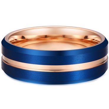 **COI Tungsten Carbide Blue Rose Center Groove Beveled Edges Ring-7993DD