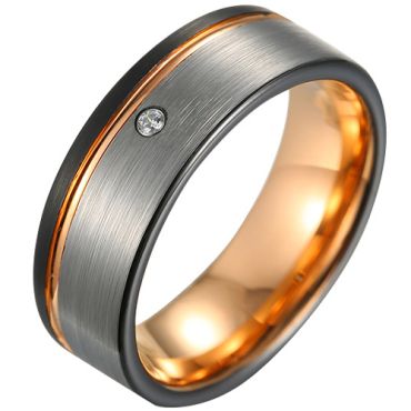 **COI Tungsten Carbide Black Rose Silver Offset Groove Ring With Cubic Zirconia-8082CC