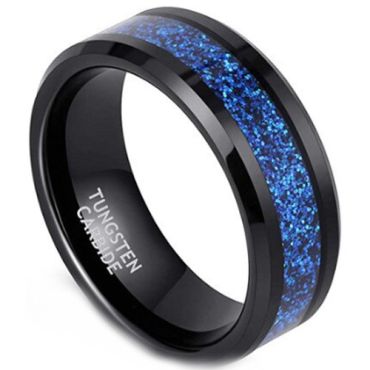 **COI Black Tungsten Carbide Blue Meteorite Beveled Edges Ring-8087BB