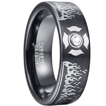 **COI Black Tungsten Carbide Laser Engraved Pipe Cut Flat Ring With Cubic Zirconia-8096BB