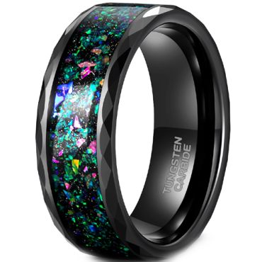 **COI Black Tungsten Carbide Crushed Opal Faceted Ring-8208BB