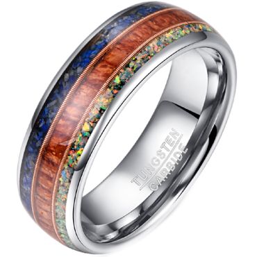 **COI Tungsten Carbide Rose Silver Ring with Crushed Opal & Wood-8278BB