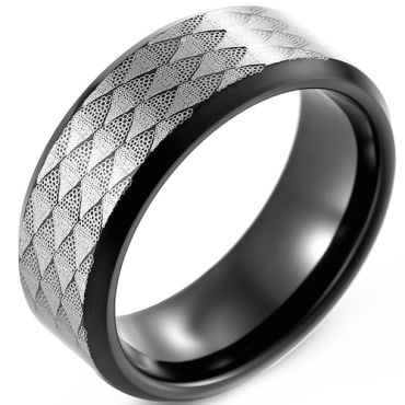 **COI Tungsten Carbide Black Silver Checkered Flag Sandblasted Beveled Edges Ring-8305DD