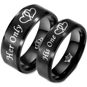 **COI Black Tungsten Carbide His One Her Only Double Hearts Beveled Edges Ring With Crown-8318DD