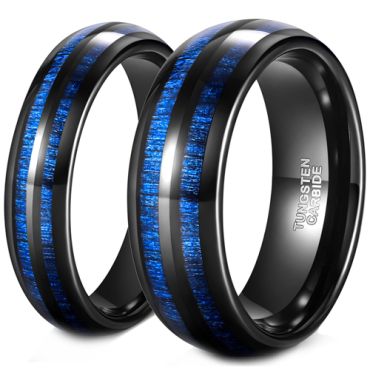 **COI Black Tungsten Carbide Dome Court Ring With Blue Carbon Fiber-8444BB