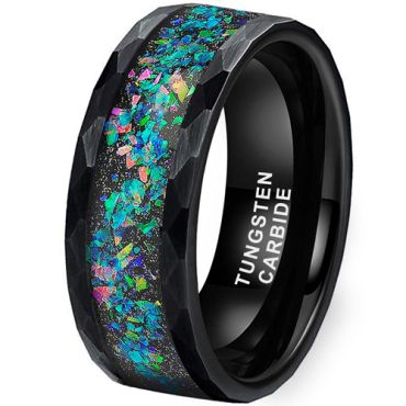 **COI Black Tungsten Carbide Hammered Ring With Crushed Opal & Meteorite-8622DD