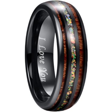 **COI Black Tungsten Carbide Dome Court Ring With Crushed Opal & Wood-8639DD