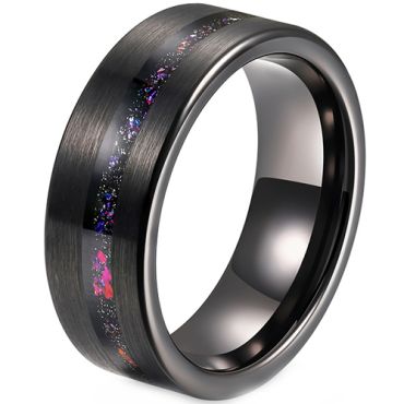**COI Black Tungsten Carbide Crushed Opal Pipe Cut Flat Ring-8747DD