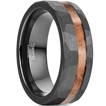 **COI Black Tungsten Carbide Hammered Pipe Cut Flat Ring With Wood-8766DD