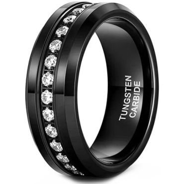 **COI Black Tungsten Carbide Beveled Edges Ring With Cubic Zirconia-8862DD