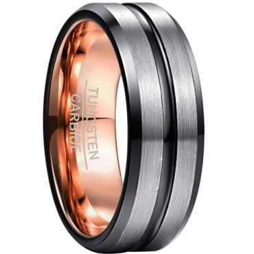**COI Tungsten Carbide Black Rose Silver Center Groove Beveled Edges Ring-8873DD