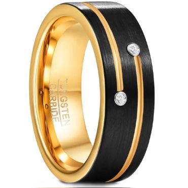 **COI Tungsten Carbide Black Gold Tone Grooves Ring With Cubic Zirconia-8876DD