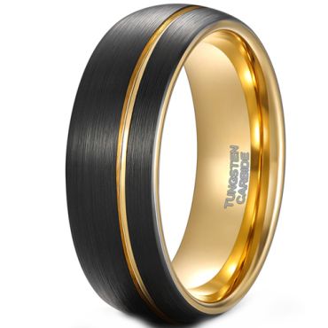 **COI Tungsten Carbide Black Gold Tone Offset Groove Dome Court Ring-9339