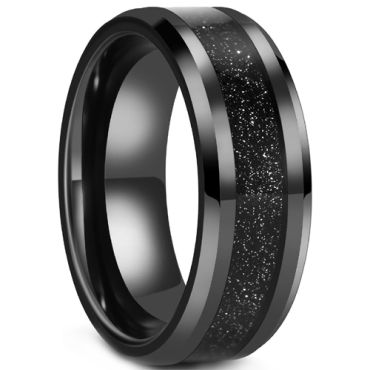 **COI Black Tungsten Carbide Meteorite Beveled Edges Ring-9342