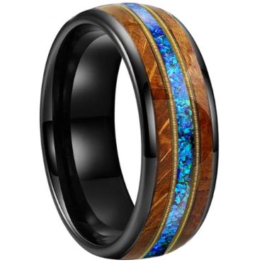 **COI Tungsten Carbide Black/Gold Tone/Silver Wire Ring With Crushed Opal & Wood-9865DD