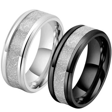 COI Tungsten Carbide Black/Silver Meteorite Beveled Edges Ring-5779