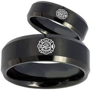 *COI Black Tungsten Carbide Firefighter Beveled Edges Ring-TG165