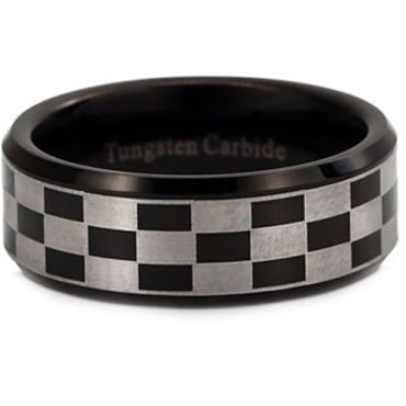 *COI Black Tungsten Carbide Checkered Flag Beveled Edge Ring-2952