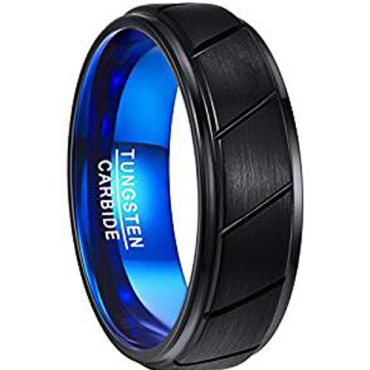 COI Tungsten Carbide Black Blue Diagonal Grooves Ring- TG3246AA