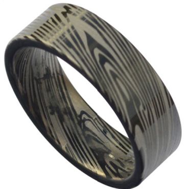 *COI Black Tungsten Carbide Damascus Pipe Cut Flat Ring-TG3818
