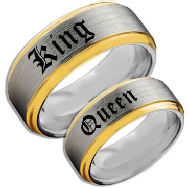 COI Tungsten Carbide Gold Tone Silver King Queen Ring-TG4107