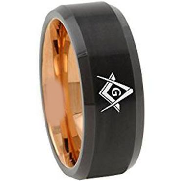 COI Tungsten Carbide Black Rose Masonic Beveled Edges Ring-TG4668