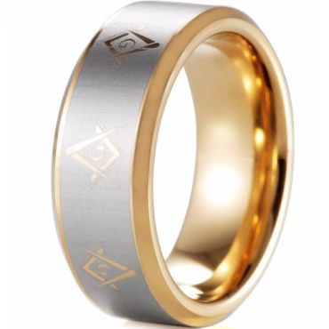 *COI Gold Tone Tungsten Carbide Masonic Beveled Edges Ring-TG5089