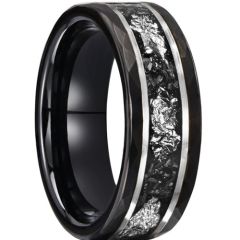 ***COI Tungsten Carbide Black Silver Double Grooves Silver Foil Faceted Ring With Meteorite-00786DD