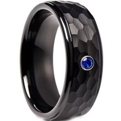 ***COI Black Tungsten Carbide Hammered Step Edges Ring With Created Blue Sapphire-01074DD