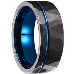 ***COI Tungsten Carbide Black Blue Offset Groove Faceted Ring-01077DD