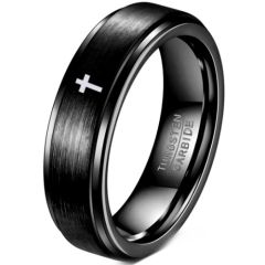 ***COI Tungsten Carbide Black/Gold Tone/Silver Cross Step Edges Ring-01089DD