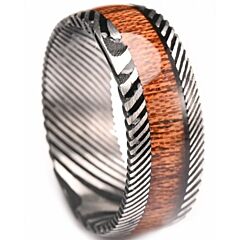 ***COI Tungsten Carbide Black Silver Damascus Ring With Koa Wood-01185DD