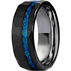 ***COI Black Tungsten Carbide Offset Crushed Opal Hammered Ring-01188DD