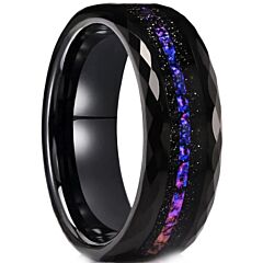 ***COI Black Tungsten Carbide Faceted Ring With Crushed Opal & Meteorite-01199DD