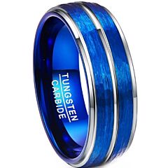 ***COI Tungsten Carbide Blue Silver Center Groove Step Edges Faceted Ring-01201AA