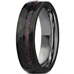 ***COI Black Tungsten Carbide Hammered Ring With Crushed Opal-01203DD