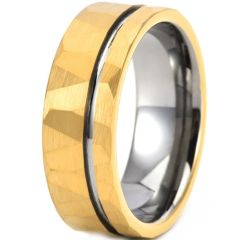 ***COI Tungsten Carbide Gold Tone Silver/Silver Offset Groove Faceted Ring-01269DD