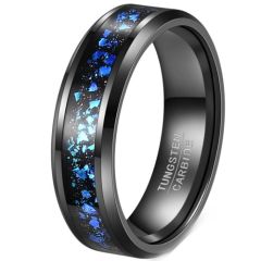 ***COI Black Tungsten Carbide Meteorite & Crushed Opal Beveled Edges Ring-01274DD