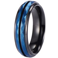 ***COI Tungsten Carbide Black Blue Center Groove Faceted Ring-01290DD