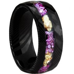***COI Black Tungsten Carbide Dome Court Damascus Ring With Gold Foil & Purple Amethyst-01322DD