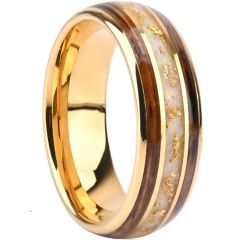 ***COI Gold Tone Tungsten Carbide Gold Foil Ring With Crushed Opal & Koa Wood-01416DD