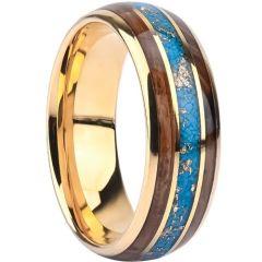 ***COI Gold Tone Tungsten Carbide Turquoise Wood & Gold Foil Dome Court Ring-01438DD