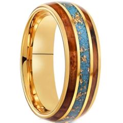 ***COI Gold Tone Tungsten Carbide Turquoise Wood & Gold Foil Dome Court Ring-01438DD