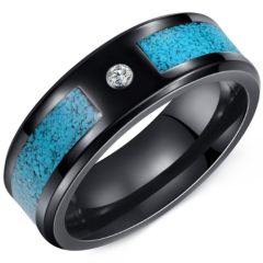 ***COI Black Tungsten Carbide Turquoise Beveled Edges Ring With Cubic Zirconia-01472DD